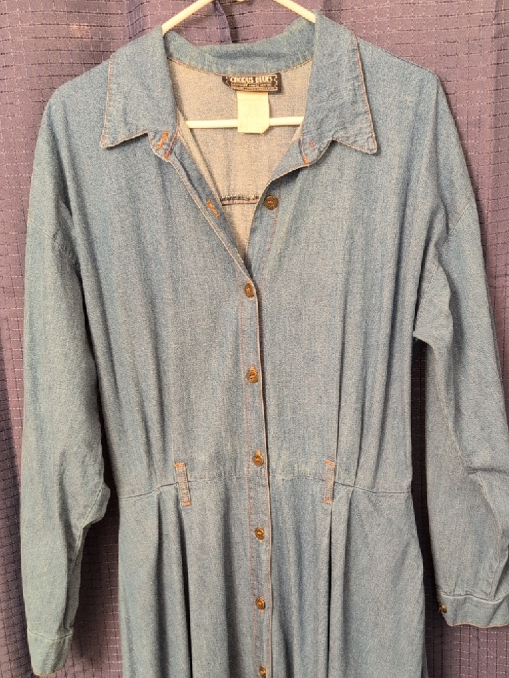 Long Sleeve Washed Blue Denim Button-Front Maxi Dress 14 EUC